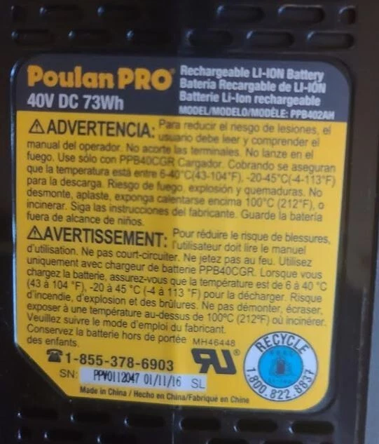 HUSQVARNA POULAN PRO OEM 501099401 40 VOLTIOS BATERÍA DE IONES DE LITIO SIERRA CORTACÉSPED WEEDEAT Foto 4 de 4