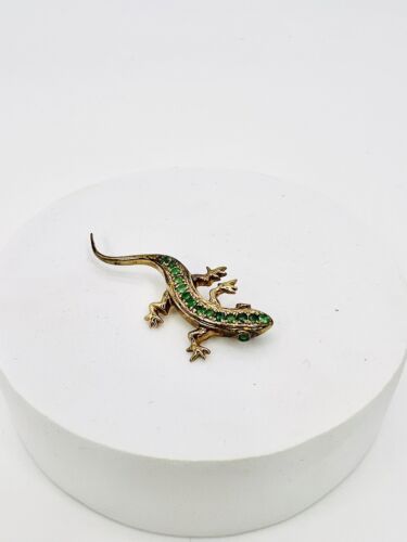 Green Emerald Lizard Pendant Brooch Gold Over 925 Sterling Silver - Afbeelding 1 van 8