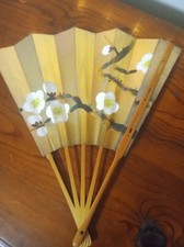 Vintage Bamboo Hand Painted Flower Gold Tone Paper Hand Fan RARE 12 in 
