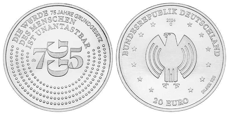 BRD 20 EURO 75 JAHRE GRUNDGESETZ 2024 SILBER UNC