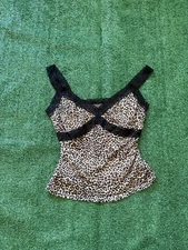 Y2K Bisou Bisou Lace Trim Babydoll Tank Top Cheetah Print Fairy Coquette L