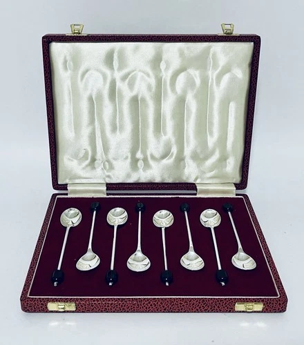Set of 8 Antique Art Deco Style Solid Sterling Silver Coffee Spoons in Box