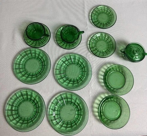 Vintage Federal Green Uranium Glass Children's Tea Set Partial Set