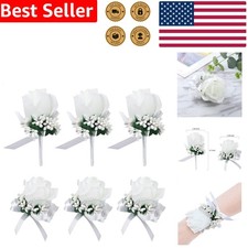 Artificial White Rose Wrist Corsage  Boutonniere Set 6 Pc Wedding Prom Elegant