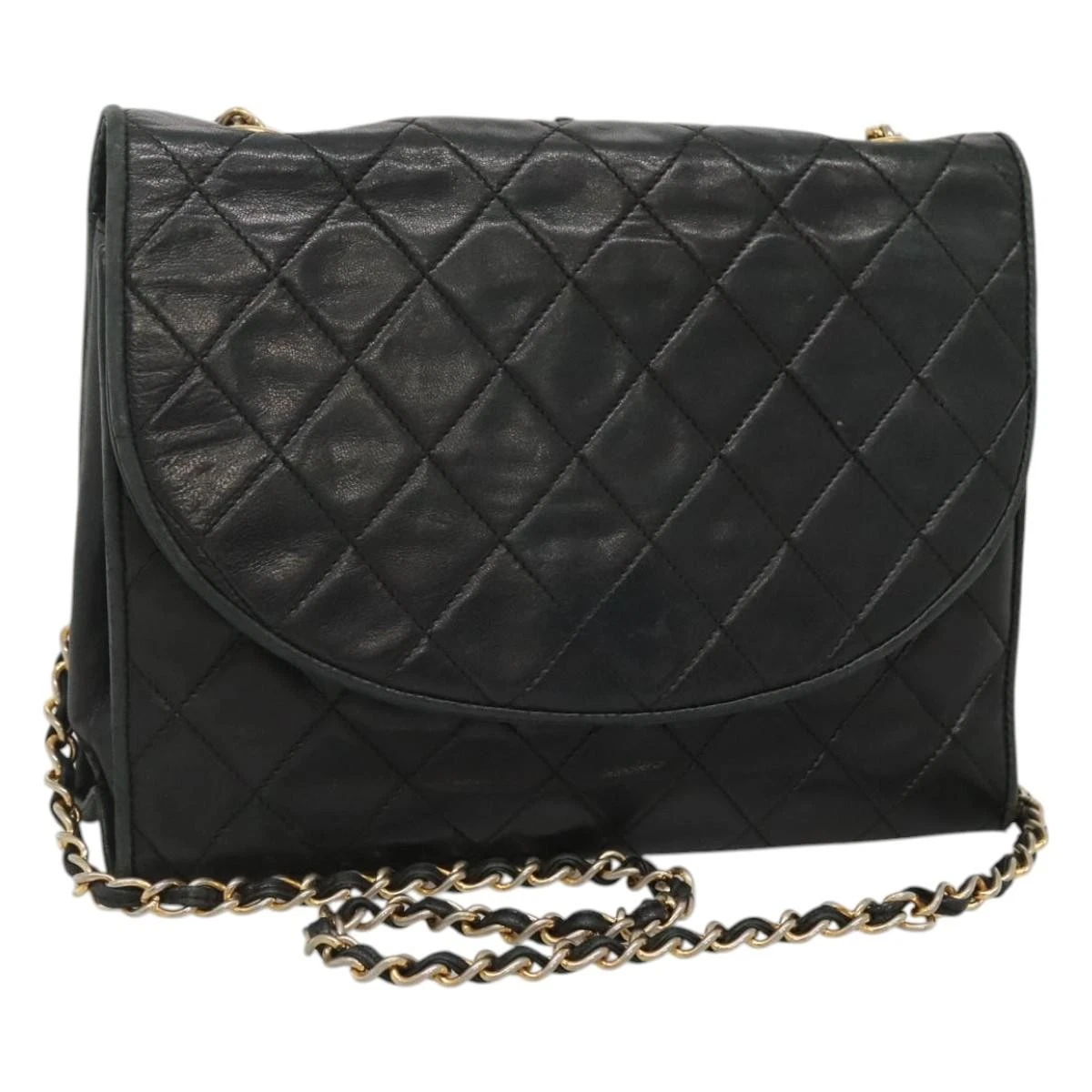 CHANEL Matelasse Chain Shoulder Bag Lamb Skin Black CC Auth KD533
