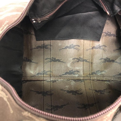 LONGCHAMP Logo Patterned Duffel Bag Travel Bag Brown Zipper Closure - Picture 7 of 17