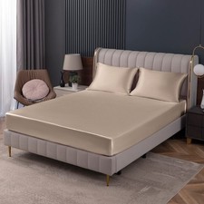 Satin Fitted Sheet Full Size Taupe Deep Pocket Luxury Soft Bedding Cover