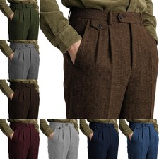 Mens Tweed Suit Pants Slacks Vintage Retro Adjustable Herringbone Waist Trousers