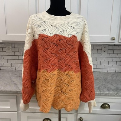 BiBi Sweater Womens XL Cream Orange Colorblock Open Knit Chunky Pullover Top New