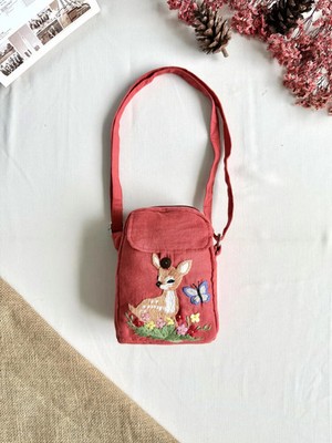Handmade Crossbody Bag with ''Deer'' Embroidery Red Orange