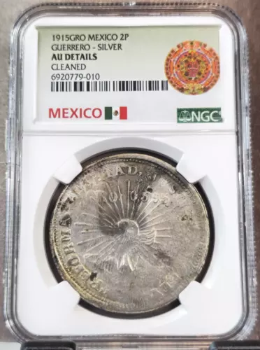 1915 MEXICO SILVER & GOLD 2 PESOS GUERRERO REVOLUTION ISSUE NGC AU RARE COIN