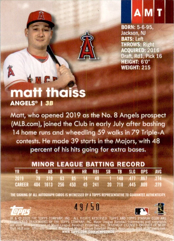 2020 Topps Stadium Club Autograph Red Matt Thaiss Rookie /50 Angels #AMT - Image 2 of 2