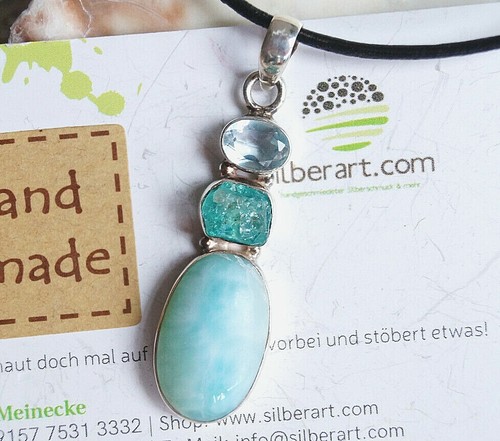 Groß Kettenanhänger Multistone Schlicht Design Silber Larimar Apatit Topas Blau - Bild 6 von 7