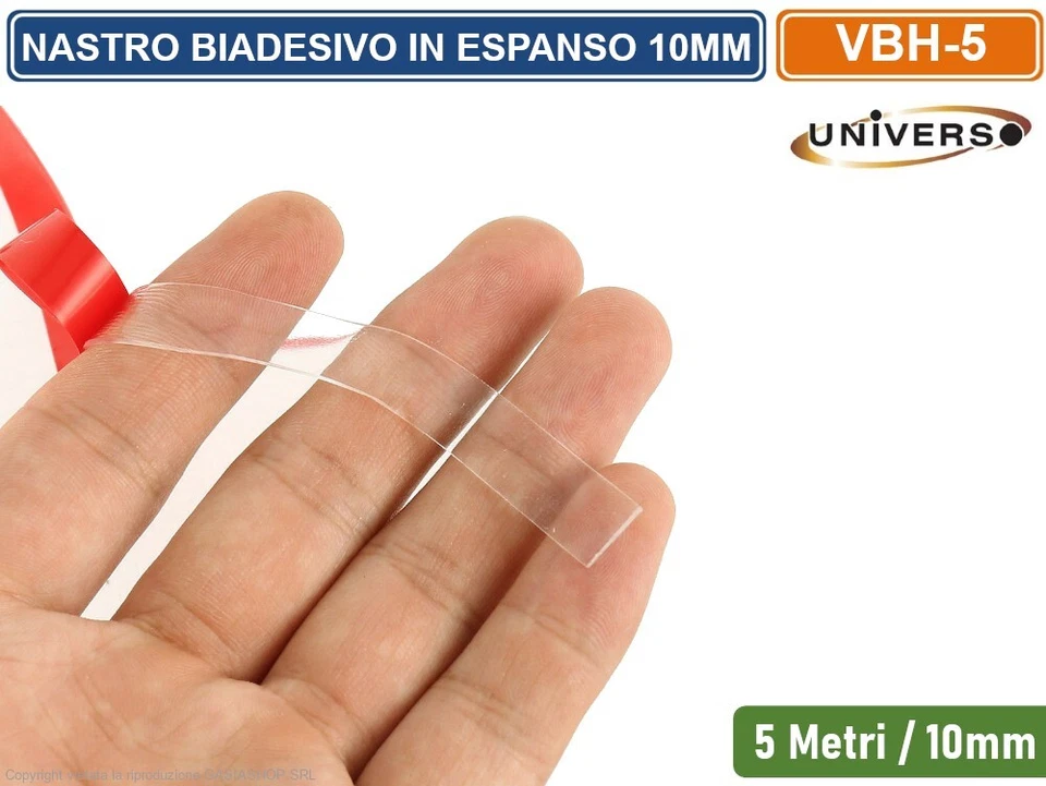 NASTRO BIADESIVO TRASPARENTE IN ESPANSO VBH 5 MT 10MM SPESSORE 1MM EXTRA FORTE - Immagine 2 di 3