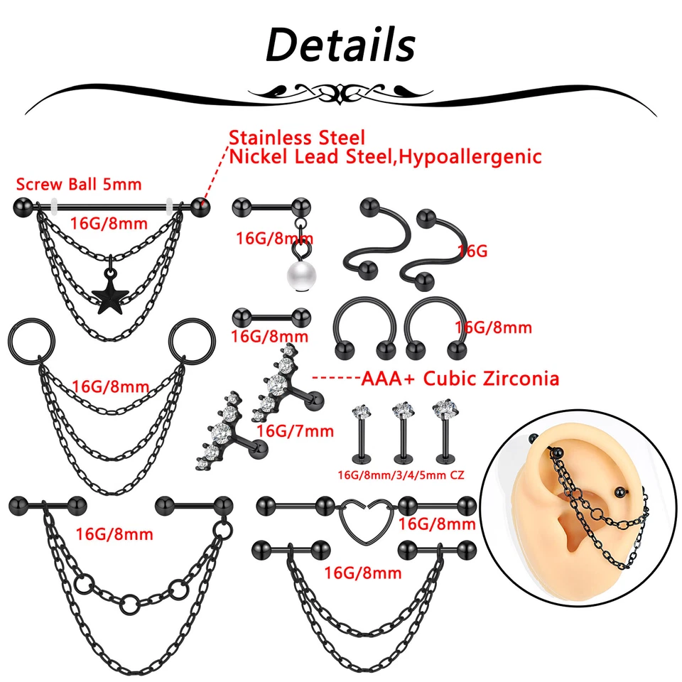 5-16pcs 14G Industrial Barbell Earring Piercing Surgical Steel Cartilage Jewelry - Image 3 of 4