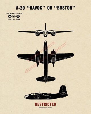 WWII USA Douglas A20 Havoc Boston Light Bomber Aircraft Recognition Poster  V-1
