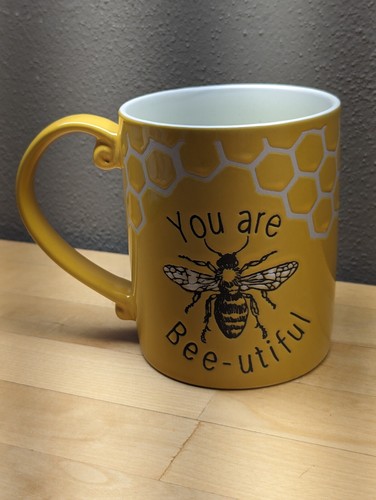 Bee You Are Bee-utiful Coffee Mug Embossed Honey Comb Glazed Ceramic Yellow (Ah - Picture 3 of 7