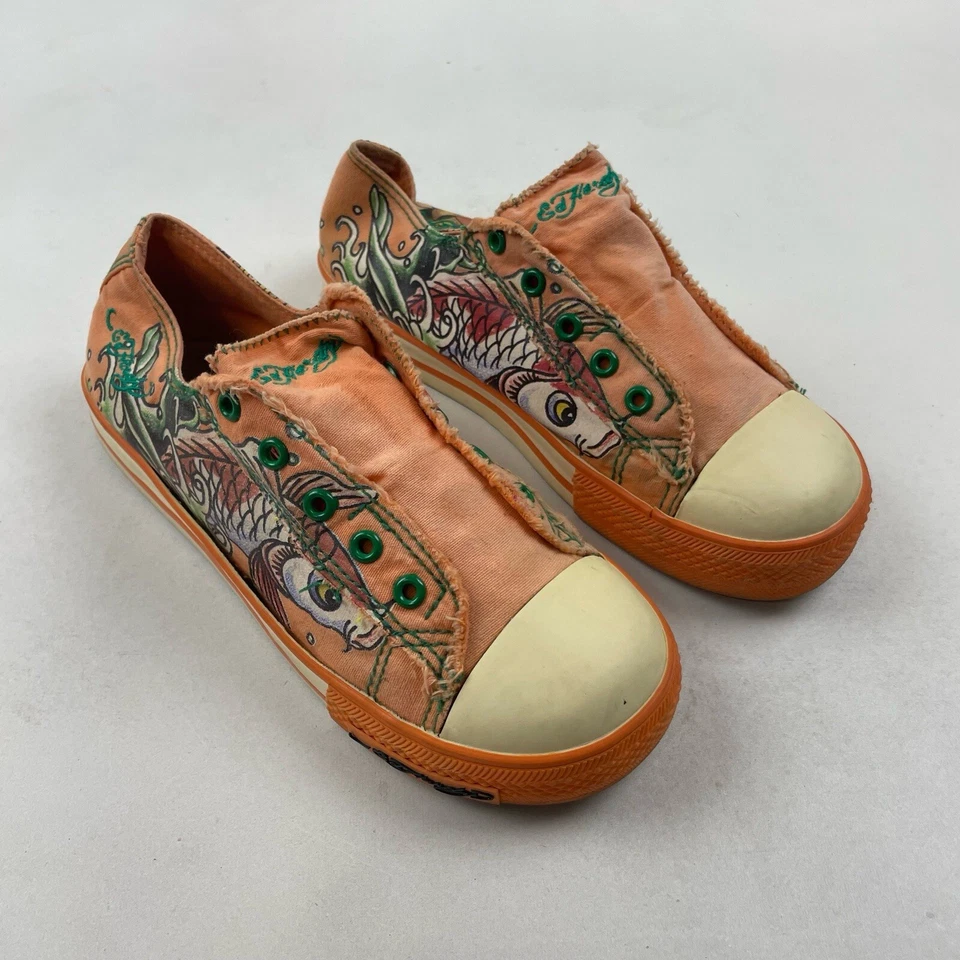 Ed Hardy Kids Youth Size 3 Low Rise Laceless Sneakers Love Slowly Skull Orange - Image 3 of 4