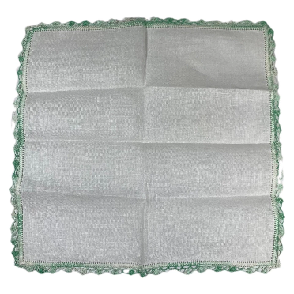 Vintage White Handkerchief Hanky Green Crochet Border Ireland Pure Linen Pocket - Image 3 of 4