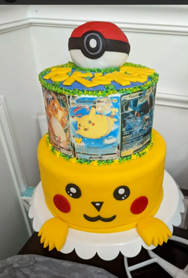 edible pokemon cards, cakes, cookies, rice krispy treats, pre