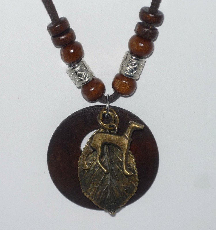 ALMOST FREE!   Wood + Bronze Leaf Pendant w Standing Greyhound Dog, Necklace