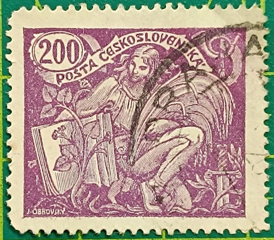 Sellos de Checoslovaquia 1920, Sc A8, #77,200h violeta, agricultura y ciencia, usados Foto 2 de 4