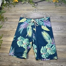 Old Navy Swim Shorts Size 31-32 Green / Blue Swim Trunks Floral Palm Tree Cali