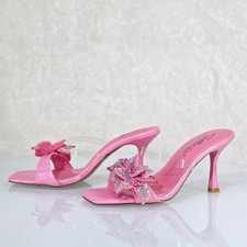 Lily Rhinestone Flower Pink Slip On 3.25" Heel Casual Evening Party Shoes