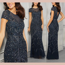 NWT MGNY Mori Lee [ 6 ] 72426 Sequin Short Sleeve Embellished Gown Navy J2354