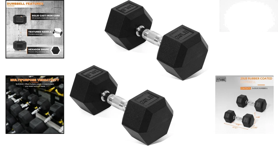 Rubber Encased Hex Dumbbell Set - 20lb Pair with Anti-Slip Grip for Fitness - Image 2 of 4