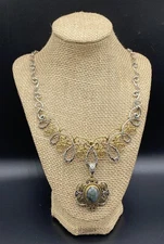 CAROLYN POLLACK-Sterling Silver Brass Scroll Bib Labradorite Enhancer Necklace