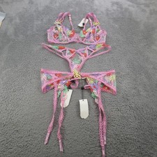 For Love  Lemons Bra Set Womens L Multi Floral Mesh Lace Sheer Balconette Thong
