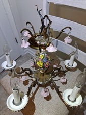FAB Vintage Italian Porcelain Capodimonte Rose Floral Brass 5 Light Chandelier