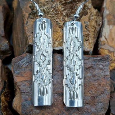 Sterling Silver Southwestern Dangle Earrings Stamped Design French Wire 2.25 