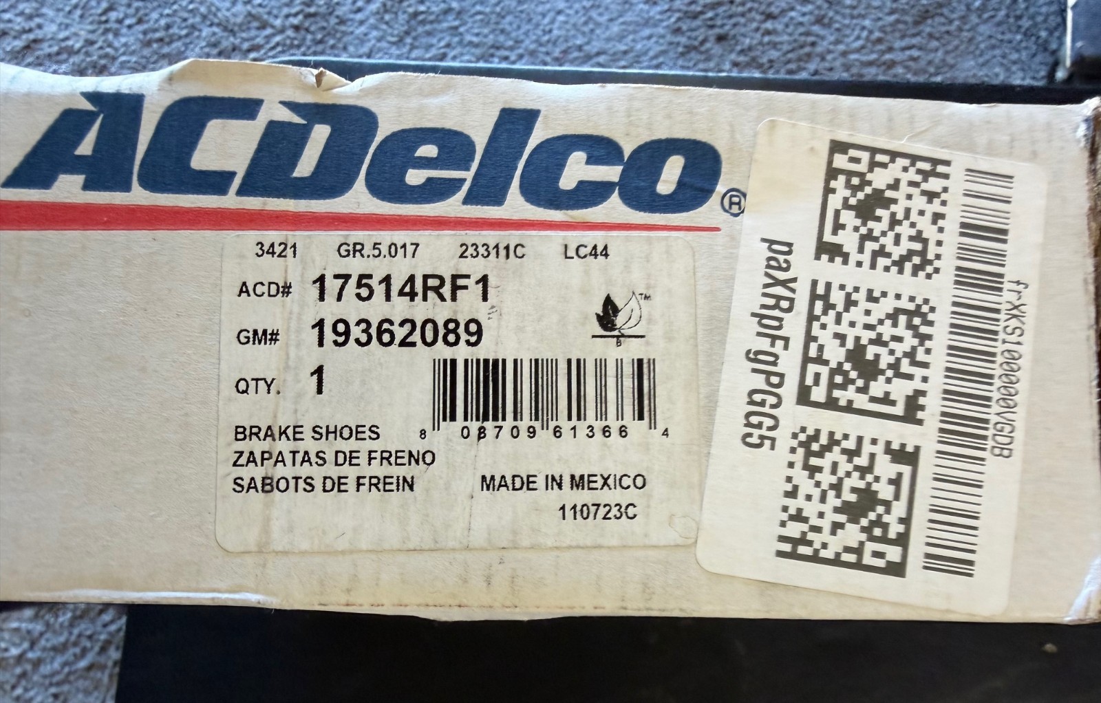 AC Delco Brake Shoes GM#19362089 #17514RF1
