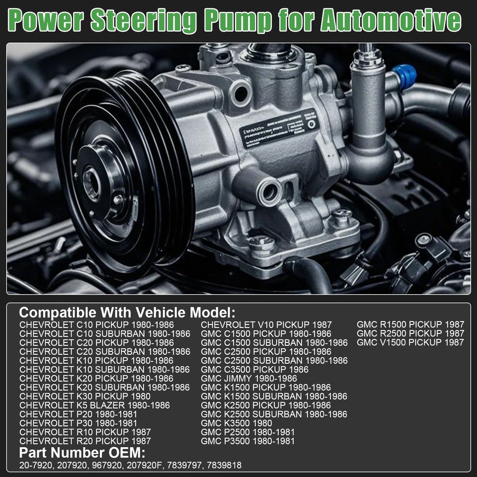power steering pump for Chevrolet 1980-1986 C10 Pickup 20-7920 207920F 7839797 Foto 4 de 4