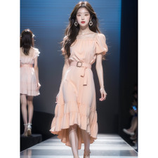 Summer French Pink Dress Women Slim Fit Waist Lotus Leaf Edge A-Line Party Skirt