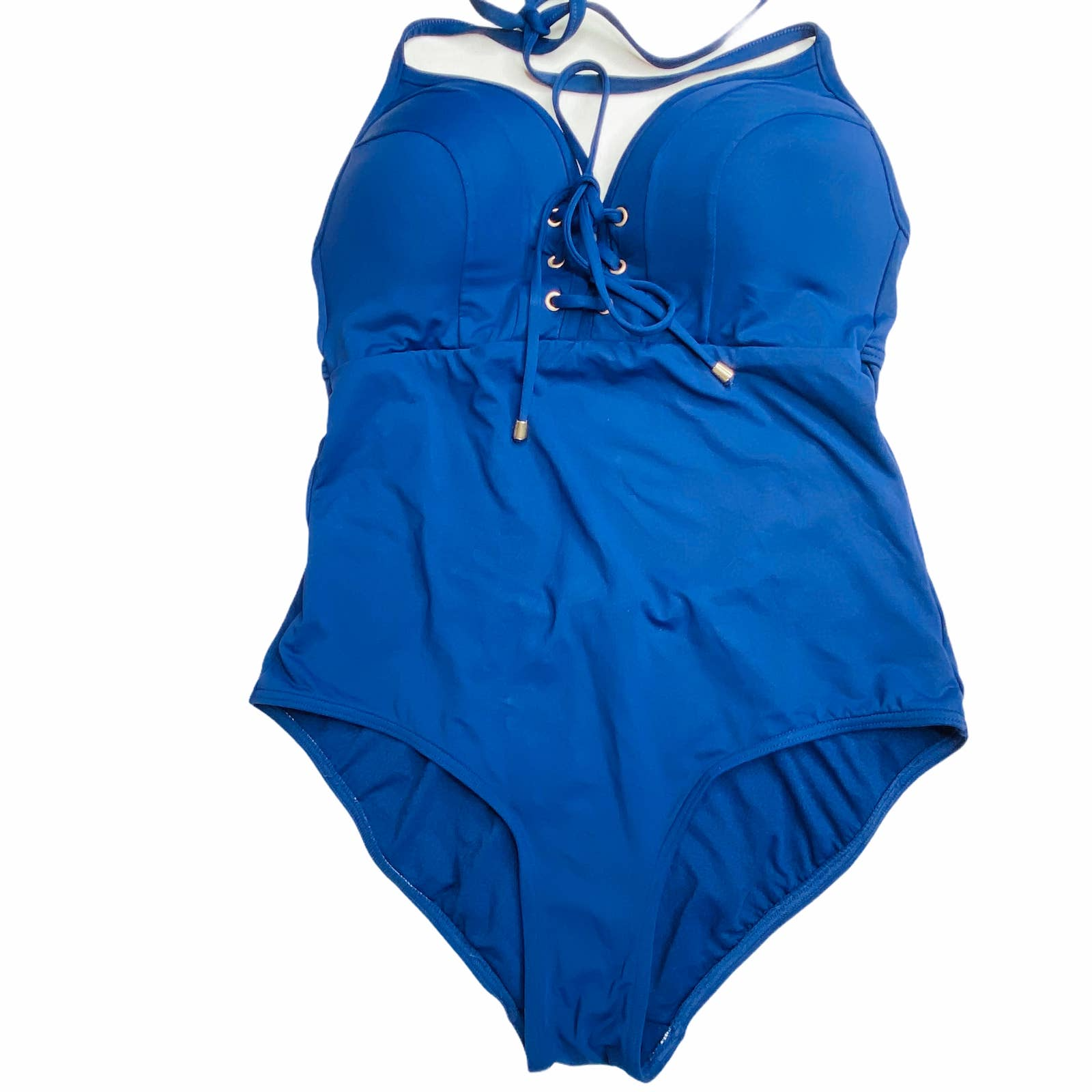 Niptuck Swimsuit Womens 6 Blue One Piece Padded Halter Open Back Lace Swimwear-image