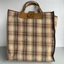 Vtg Market Shopper Reusable Tote Bag Vegan Leather Handles Foldable Plaid 15"