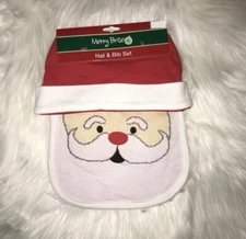 Merry Brite Santa's Face Baby Hat & Bib set w/ Hook n Loop Closer New