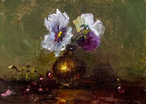 ACEO ORIGINAL hand made oil painting -pansies witb grapes- JFM