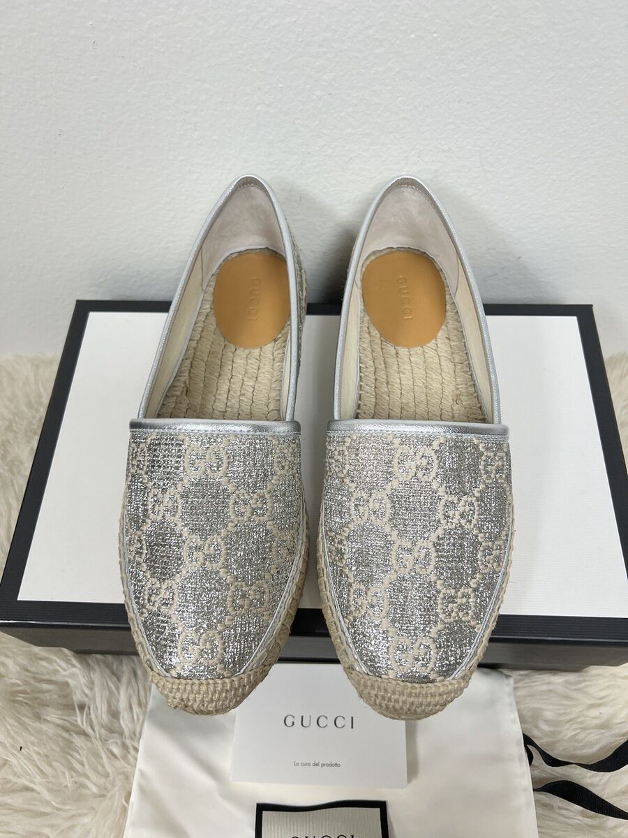 NIB Gucci Espadrilles Heritage Logo Monogram GG Lame Silver NIB Gucci Espadrilles Heritage Logo Monogram GG Lame Silver