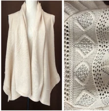 Topin 50% wool Cardigan Ivory Shawl Open front crochet sleeveless Boho M/L
