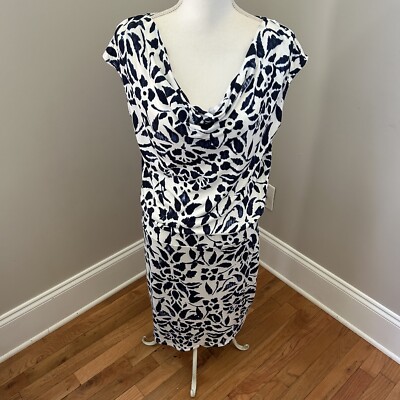 Ann Taylor Women's White Blue Floral Drop Waist Drape Neck Dress Large |  eBay