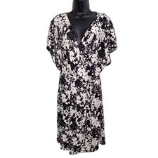 Nine West Dress Size XXL Black/White Floral Wrap Dress Butterfly Sleeves Casual