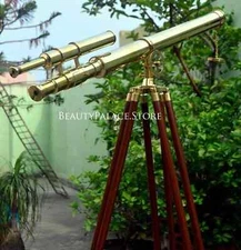 64 Inch Nautical Floor Standing Brass Telescope With Wooden Tripod Stand