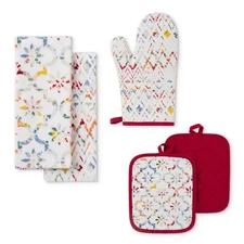 Mainstays Ogee Tile Red Kitchen Towel Pot Holder Oven Mitt Set Gift Housewarming