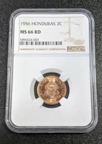 1956 MS66 RD Honduras 2 Centavos NGC KM 78 UNC only 2 graded higher
