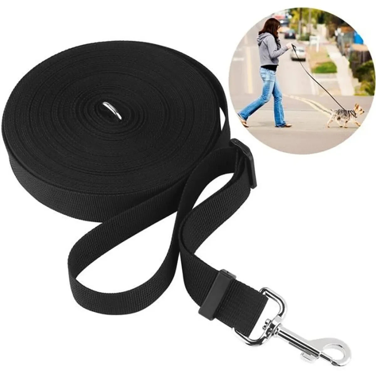 Laisse 15m chien chat longue longe nylon noir pour suivi formation obéissance