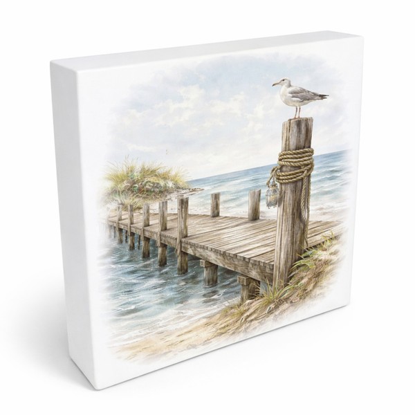 InselträUme MöWe Am Steg Holzbild In 20X20 Cm Zum Stellen Oder AufhäNgen-image